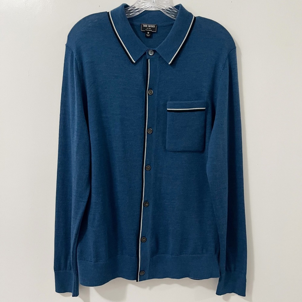 Todd Snyder Mens Italian Merino Wool Full Button Polo Cardigan Blue Size M